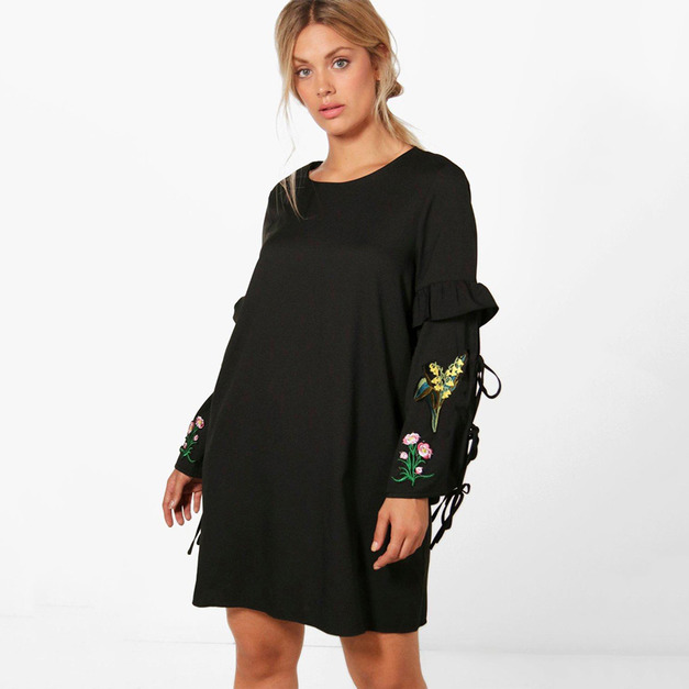 【大尺碼】手袖設計 街頭綁帶刺繡連衣裙