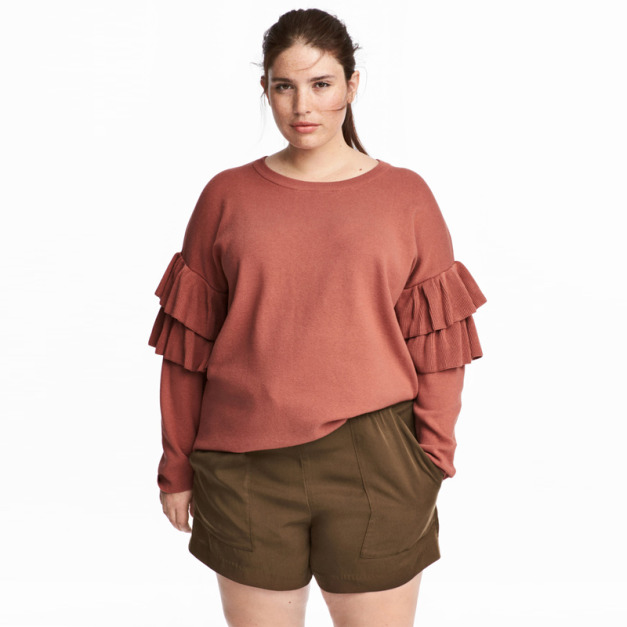 【大尺碼】珊瑚紅 寬鬆多層次荷葉邊針織毛衣