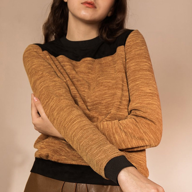 撞色拼接 圓領女士長袖針織T恤 (4色)