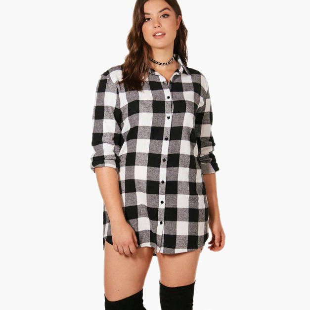 【大尺碼】經典百搭 格紋連身長版襯衫