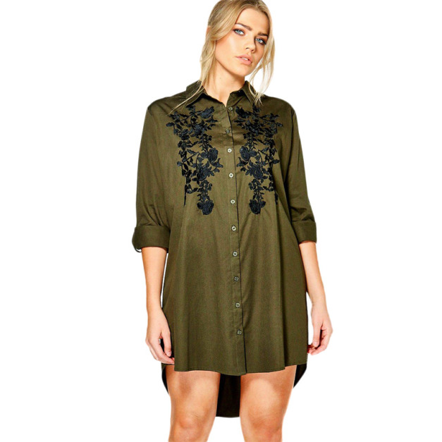 【大尺碼】休閒百搭軍綠風刺繡長版襯衫/洋裝