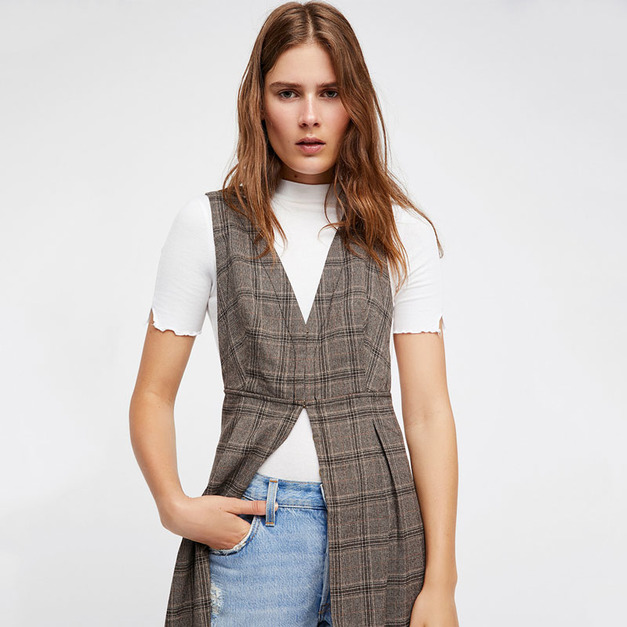 英倫街頭風 長版格紋外搭式背心