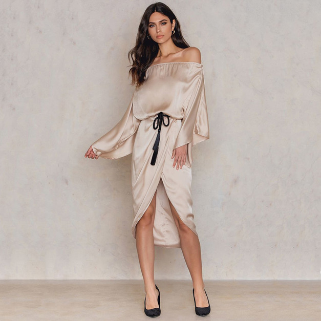 唯美性感 一字領不規則下擺宴會禮服洋裝