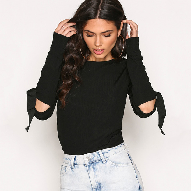 經典素面 拼接袖子鏤空圓領長袖百搭T恤