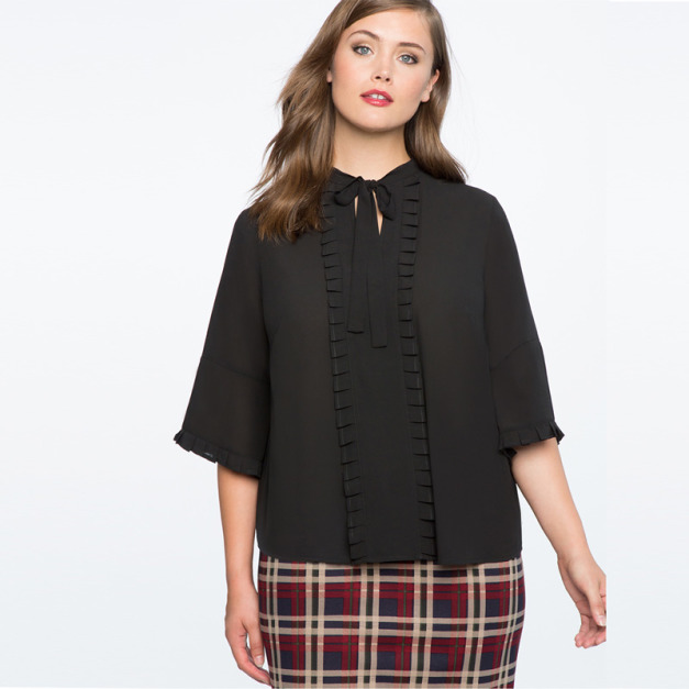 【大尺碼】領口蝴蝶結褶皺裝飾襯衫