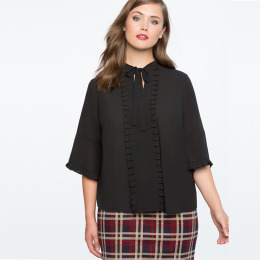 【大尺碼】領口蝴蝶結褶皺裝飾襯衫