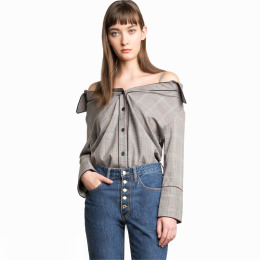 歐美小香風 單排扣一字領小吊帶OL女襯衫