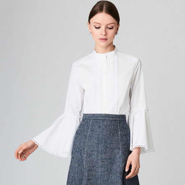 英倫風 素面精緻花邊大喇叭袖OL百搭襯衫