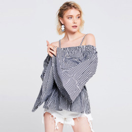 甜美歐美風 一字領細肩吊帶彈性腰喇叭袖襯式上衣