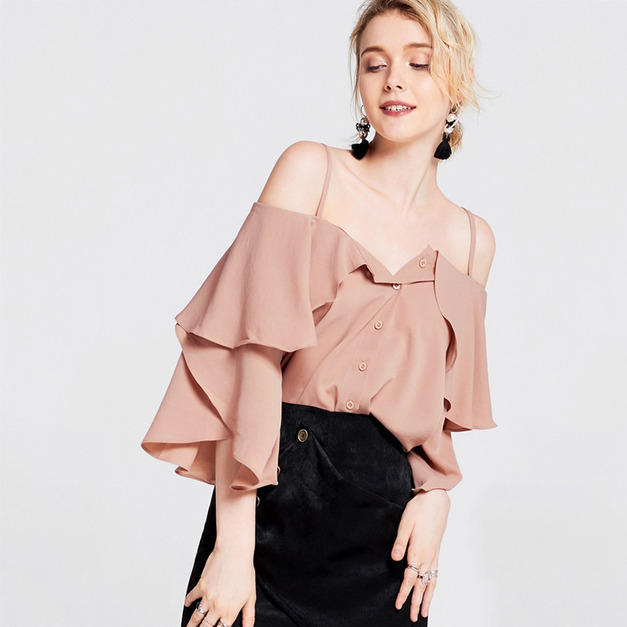 不規則荷葉袖 露肩細肩吊帶一字領上衣