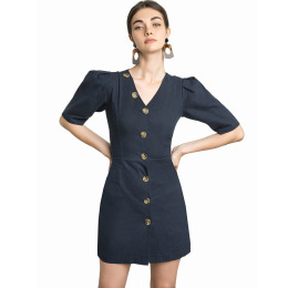 歐美風 時尚V領復古鈕釦式連身洋裝