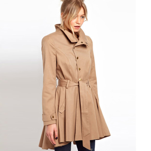 不對稱褶皺 燕尾立領卡其女外套風衣