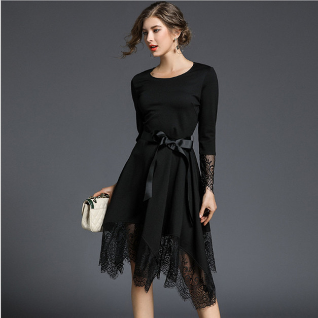 蕾絲拼接 不規則氣質風飄逸感洋裝