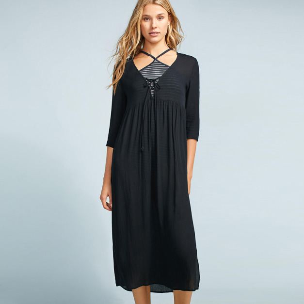 舒適感 寬鬆V領側開叉長罩衫洋裝