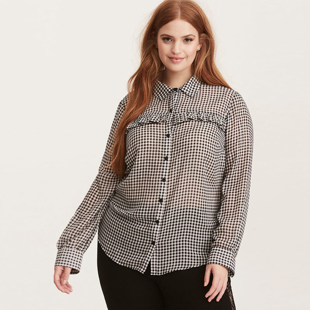 【大尺碼】荷葉邊 復古格紋燈籠袖微透襯衫