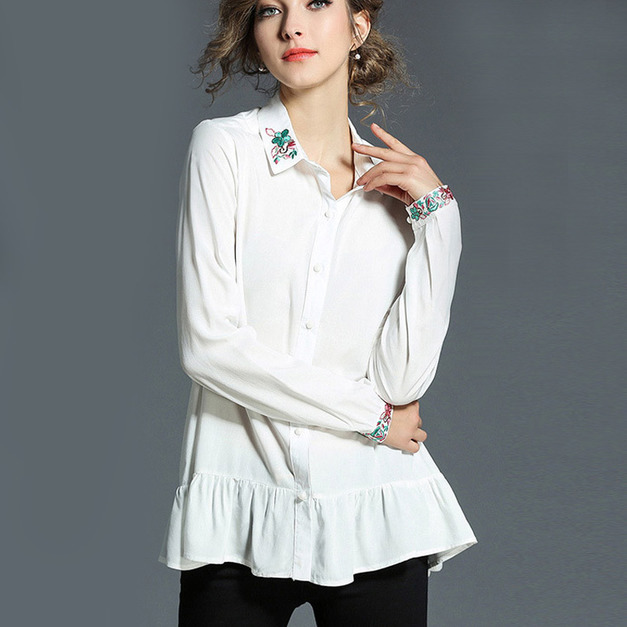 休閒刺繡領 荷葉邊下擺A字襯衫上衣