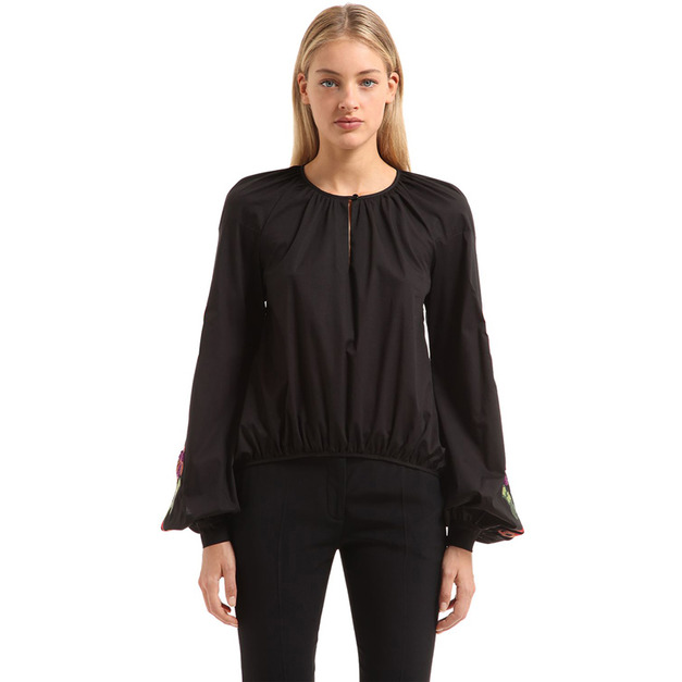 花朵刺繡燈籠袖長袖圓領襯衫