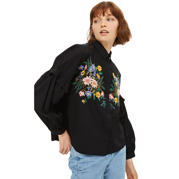簡約OL風 花朵刺繡荷葉邊襯衫