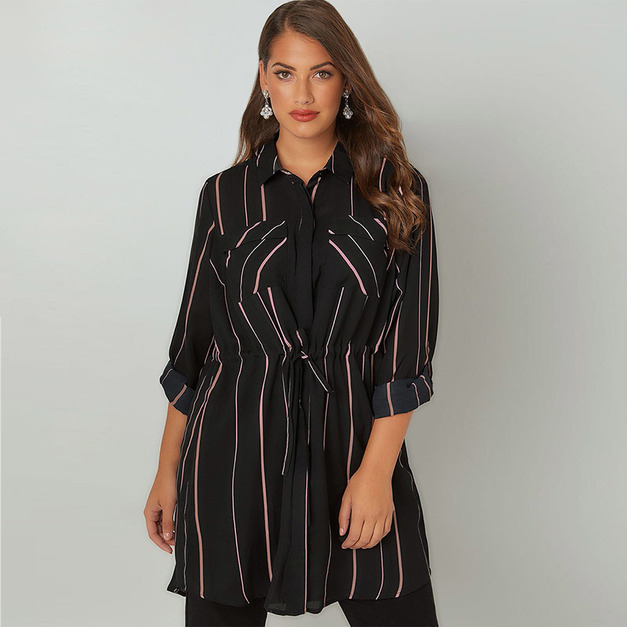 【大尺碼】OL通勤風 條紋中長版修身襯衫