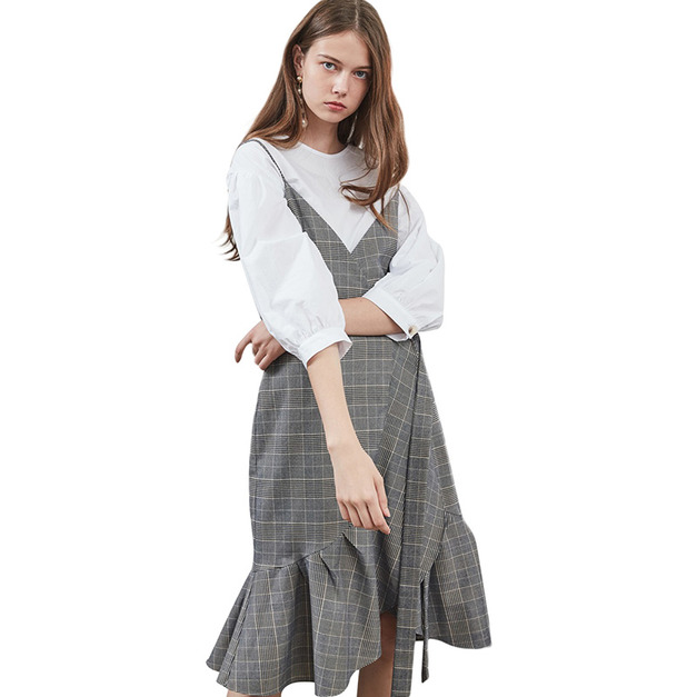 復古格紋 側繫帶下擺荷葉邊吊帶洋裝