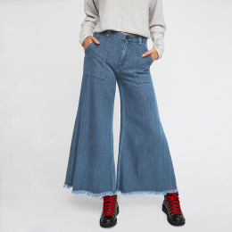 復古寬褲風 刷毛邊百搭牛仔褲