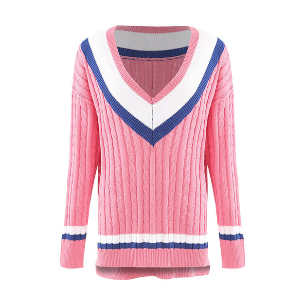歐美時尚學院風 V領寬鬆撞色百搭毛衣 (2色)