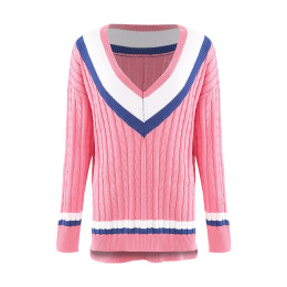 歐美時尚學院風 V領寬鬆撞色百搭毛衣 (2色)
