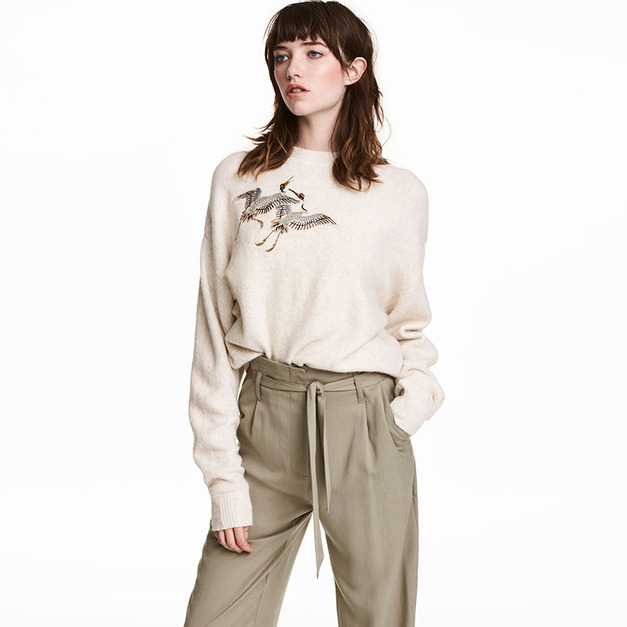 清新時尚 仙鶴刺繡針織亮米色毛衣