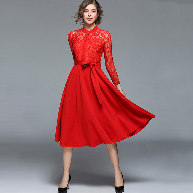 時尚修身拼接風 長袖蕾絲連身禮服 (2色)