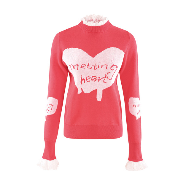 假兩件拼接 花邊領歐美套頭毛衣 (2色)