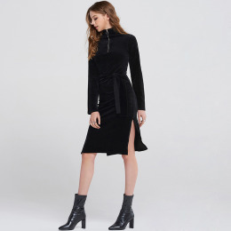 拉鍊高領風 綁帶側開叉天鵝絨洋裝