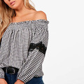 【大尺碼】性感一字領 露肩格紋蕾絲拼接上衣_2
