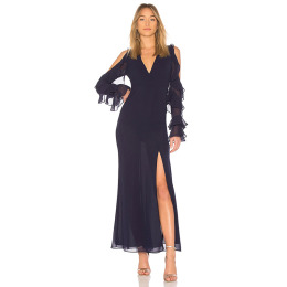 優雅鏤空 露肩荷葉邊側開叉連身洋裝