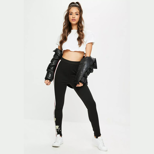 撞色拼接 小刺繡花運動風長褲