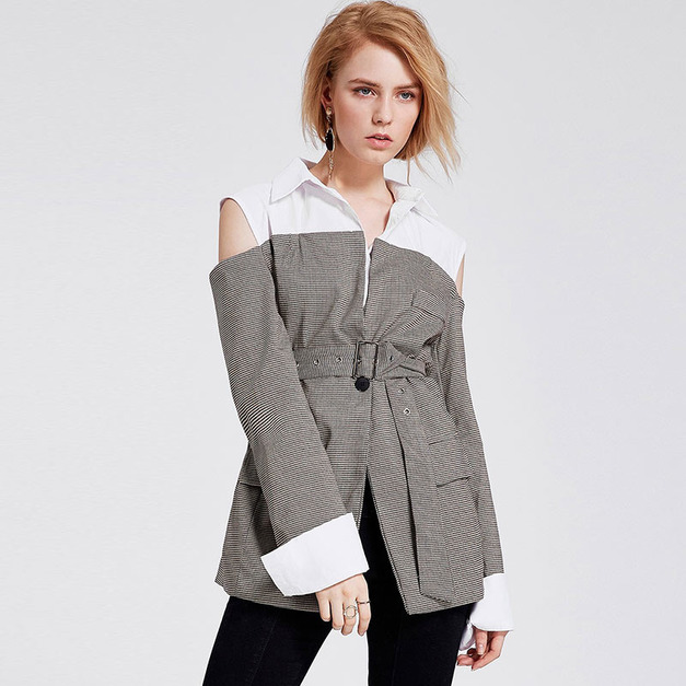 俐落拼接 露肩腰綁帶帥氣襯衫