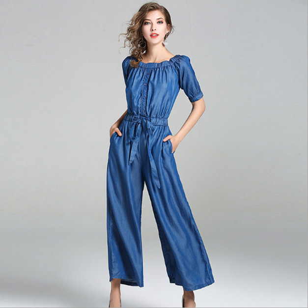 時尚舒適 天絲牛仔一字領連身寬褲