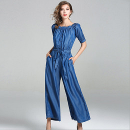 時尚舒適 天絲牛仔一字領連身寬褲