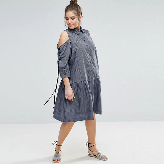 【大尺碼】氣質時尚 襯衫領格紋連身洋裝