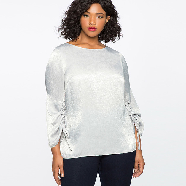 【大尺碼】純色緞面 抽繩袖口氣質上衣