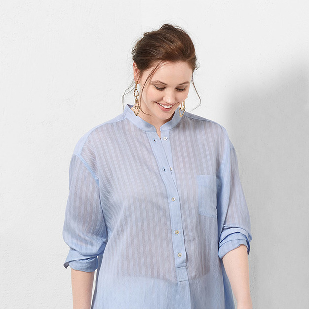 【大尺碼】微透款 條紋中長版襯式上衣