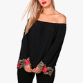 【大尺碼】性感一字肩 玫瑰刺繡喇叭袖上衣_2