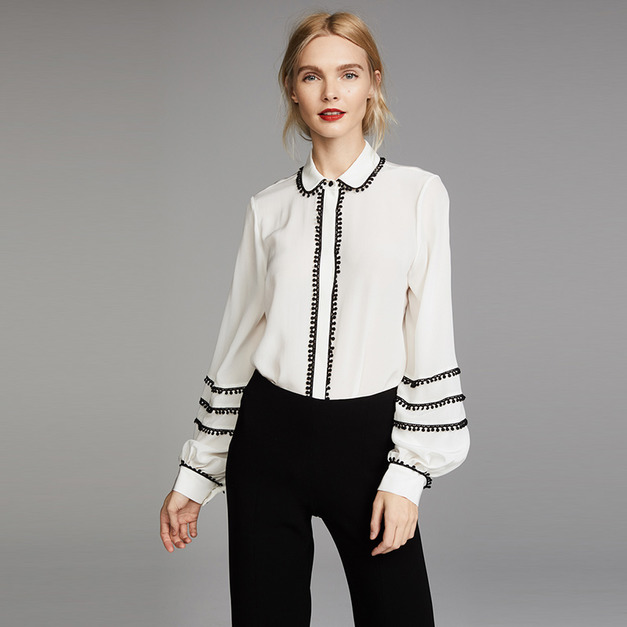 氣質學院風 撞色流蘇邊燈籠袖襯衫