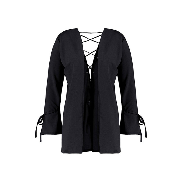 【大尺碼】後背鏤空 編織綁帶摩登外套 (2色)