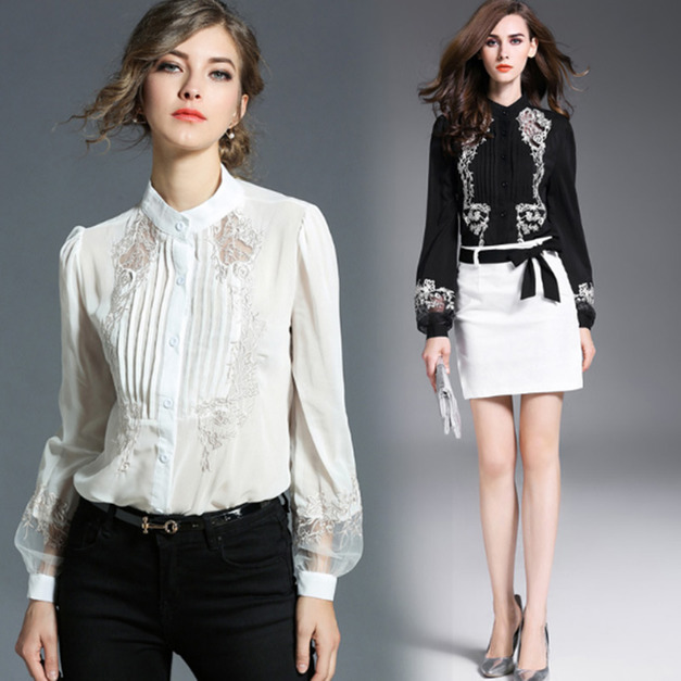 鏤空燈籠袖 精緻蕾絲拼接長袖OL襯衫 (2色)