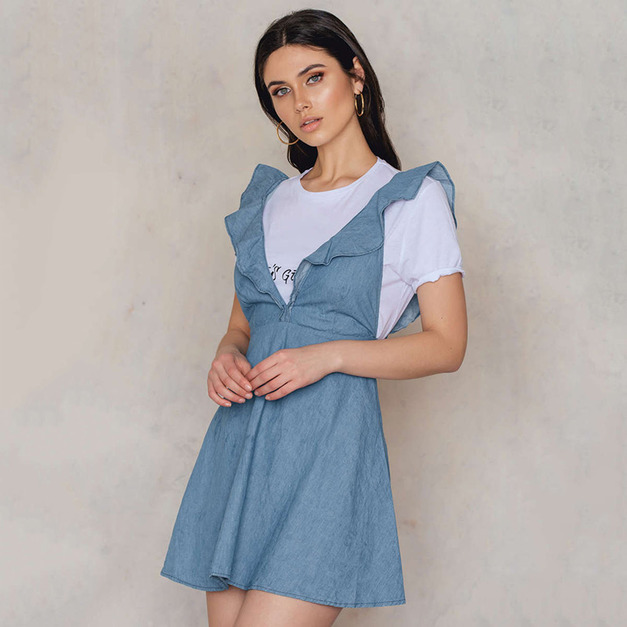 甜美風 V領荷葉邊牛仔連身洋裝