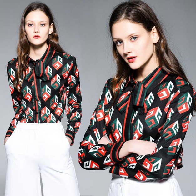立體幾何印花長袖前綁帶襯衫