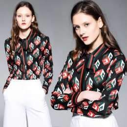 立體幾何印花長袖前綁帶襯衫