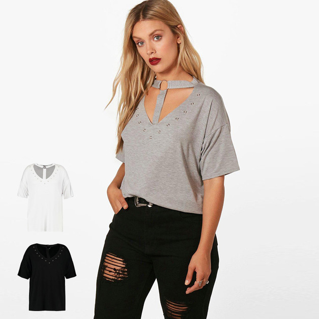 【大尺碼】金屬圈綁帶鏤空V領鉚釘裝飾T恤