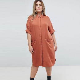 【大尺碼】捲袖落肩 口袋裝飾百搭洋裝 (長版上衣)