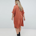 【大尺碼】捲袖落肩 口袋裝飾百搭洋裝 (長版上衣)_1